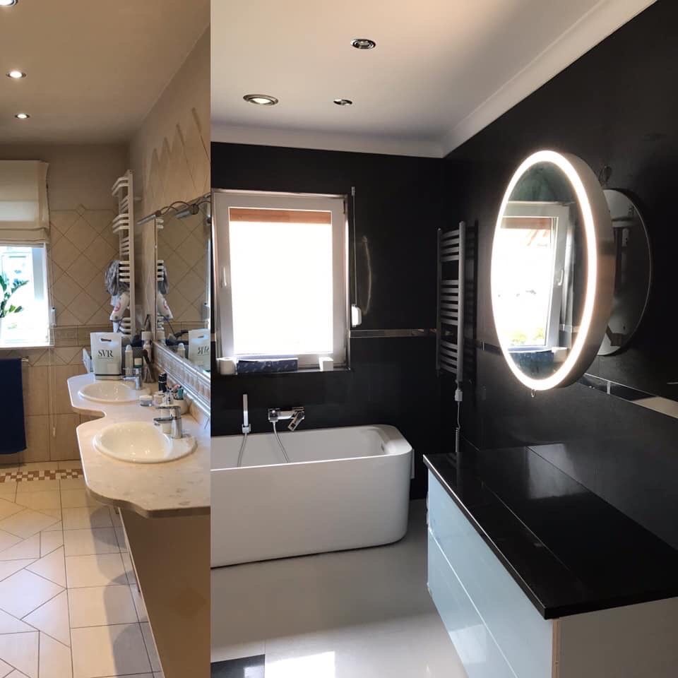 Dwuczęściowa łazienka: po lewej jasna z beżowymi płytkami i podwójną umywalką, po prawej ciemna z czarnymi ścianami, białą wanną i okrągłym lustrem z podświetleniem LED.