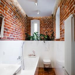 Atelier Fotografii Biznesowej - Nowoczesna łazienka z ceglaną ścianą, białą wanną i roślinami w donicach pod oknem.