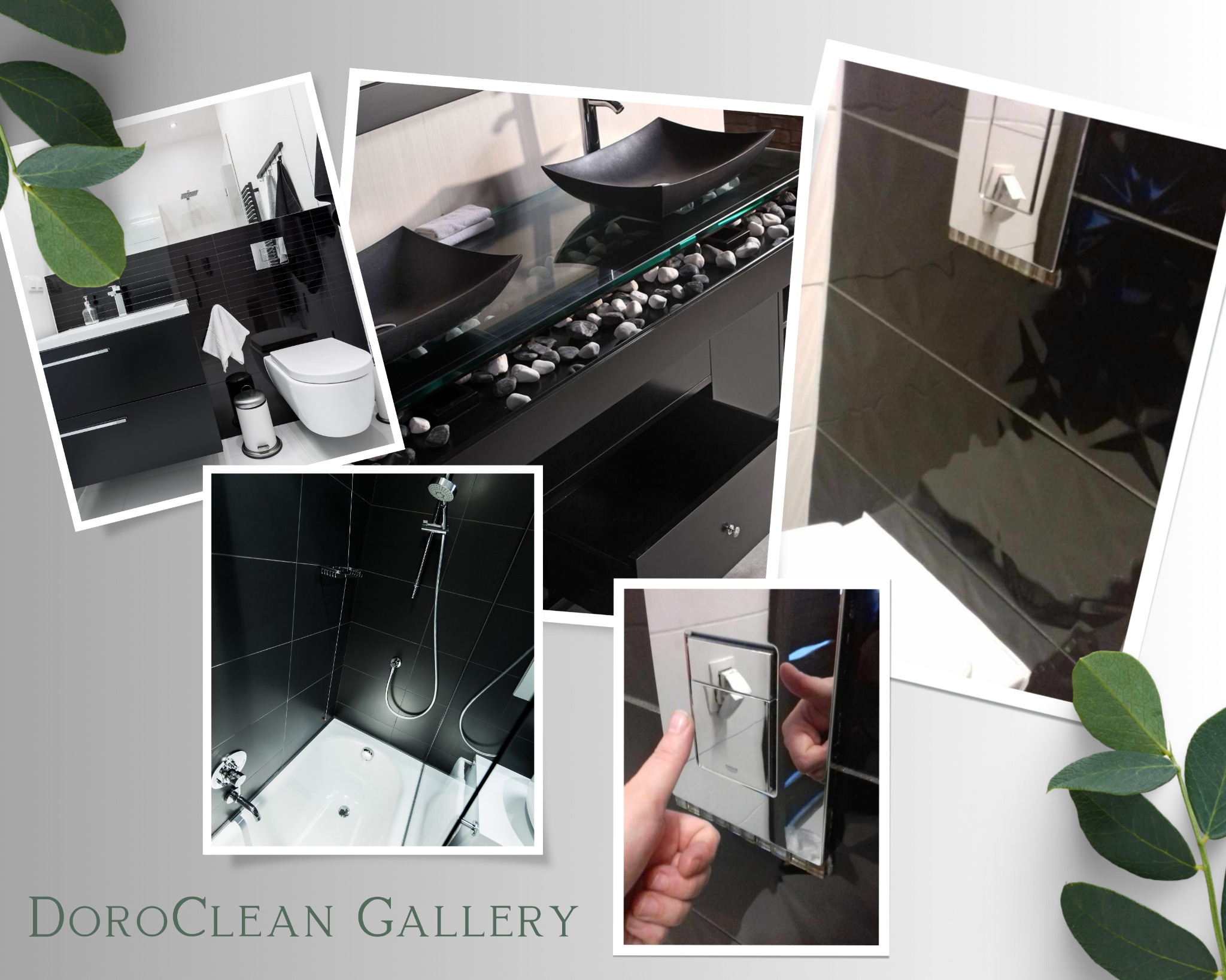 Kompozycja zdjęć przedstawiających nowoczesną, czarno-białą łazienkę z elementami dekoracyjnymi, takimi jak umywalki w kształcie misy i ozdobne kamienie. Widoczne są detale: kabina prysznicowa...