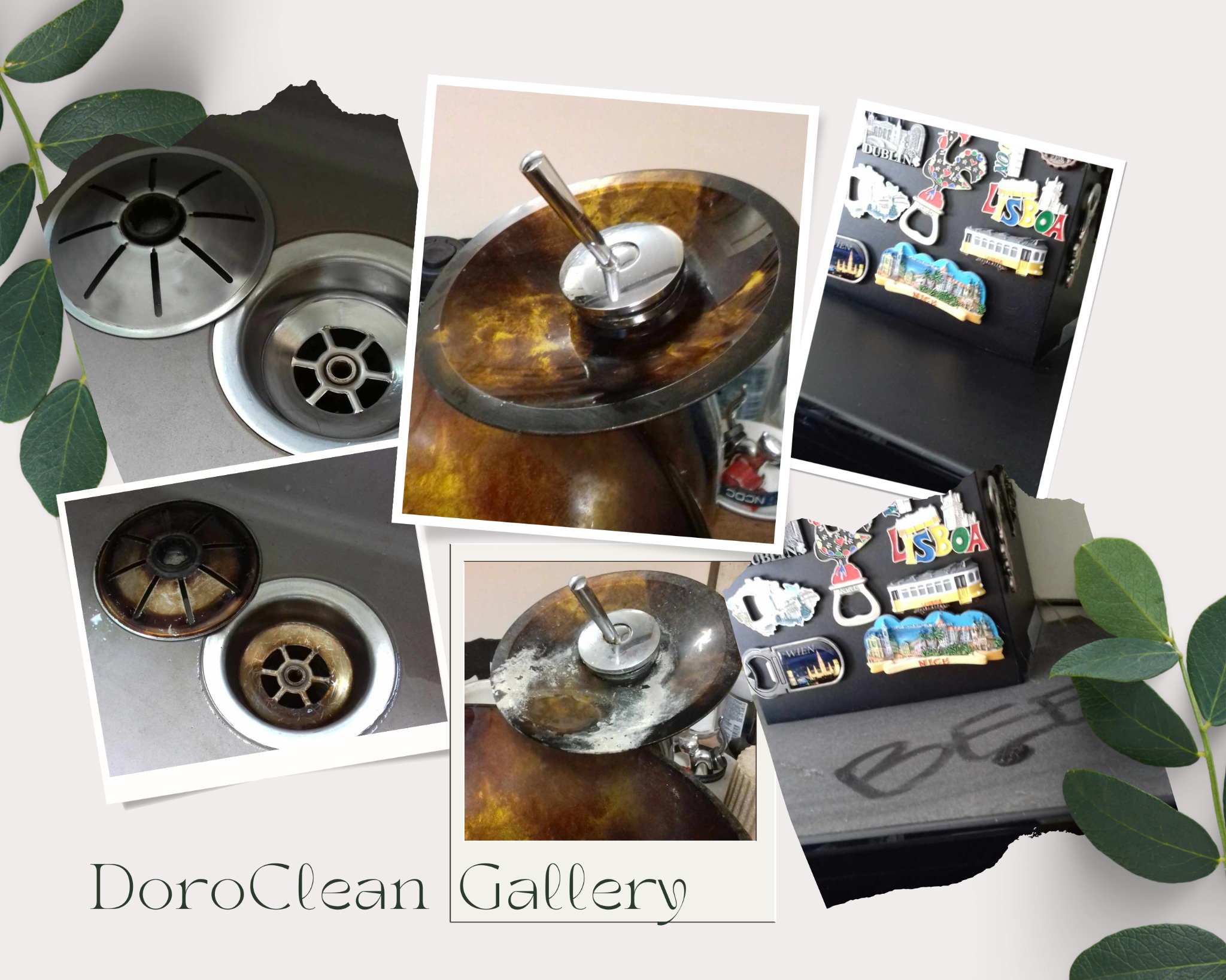 Kompozycja zdjęć przedstawiających umywalki i odpływy przed i po czyszczeniu, oraz magnesy pamiątkowe na lodówce w tle.