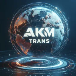 Grafika 3D: Półkula ziemska z logo 'AKM TRANS' na tle futurystycznego interfejsu, symbolizująca globalny zasięg usług transportowych.