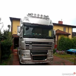 Srebrna ciężarówka DAF XF z dodatkowymi reflektorami dachowymi zaparkowana przed domem z ceglaną ścieżką.