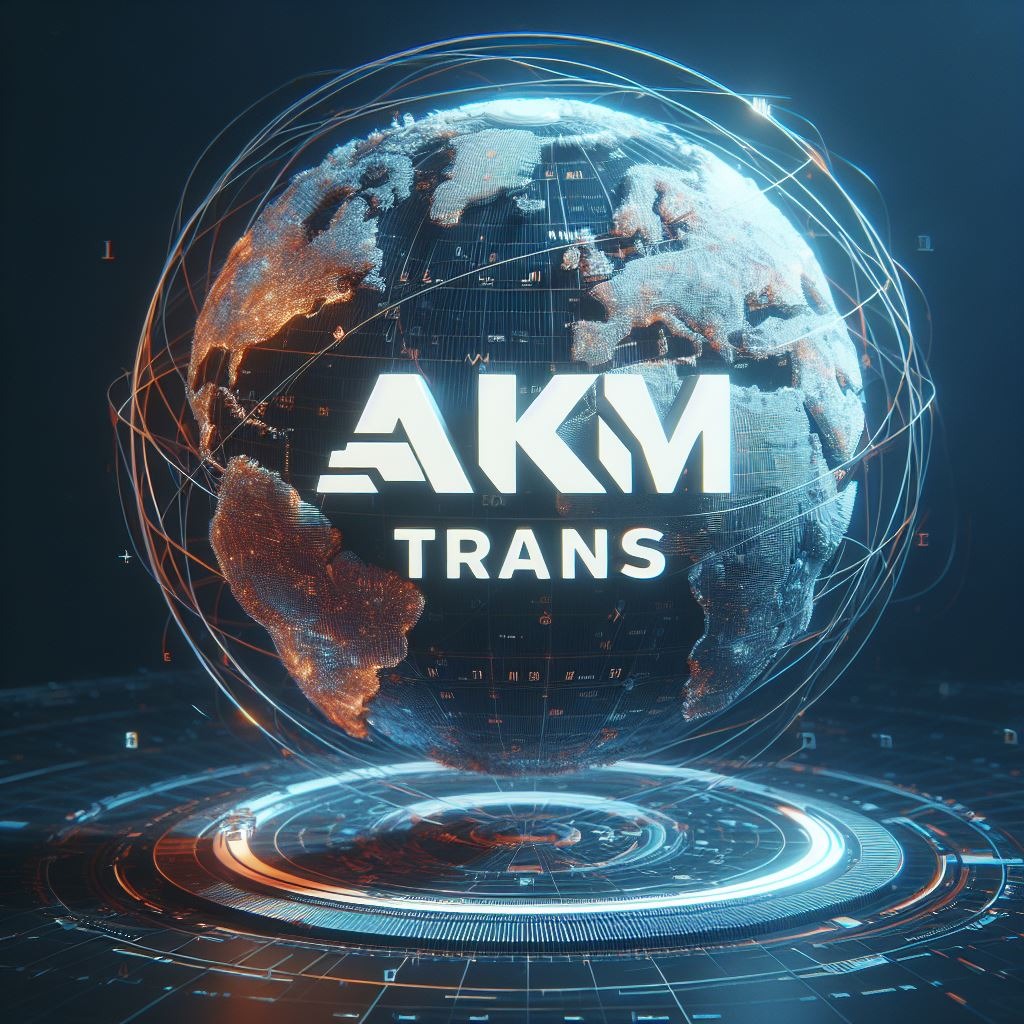 Grafika 3D: Półkula ziemska z logo 'AKM TRANS' na tle futurystycznego interfejsu, symbolizująca globalny zasięg usług transportowych.