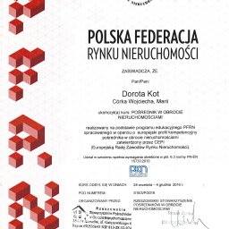 Zaświadczenie że  Dorota Kot  ukończyła kurs Polskiej Federacji Rynku Nieruchomości w zakresie Pośrednik w Obrocie Nieruchomościami