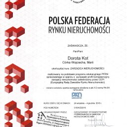 Certyfikat Polskiej Federacji Rynku Nieruchomości dla Doroty Kot 