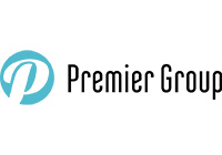 Logo firmy Premier Group: stylizowana litera 'P' w turkusowym okręgu po lewej stronie, obok nazwa firmy 'Premier Group' w czarnej czcionce na białym tle.