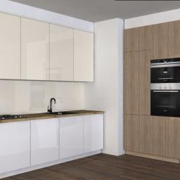 Kemoiz pracownia stolarska - Nowoczesna kuchnia z białymi, lakierowanymi szafkami dolnymi, beżowymi szafkami górnymi, drewnianym blatem, zabudowaną piekarnikiem i ekspresem do kawy oraz otwartą witryną na wino z boku.