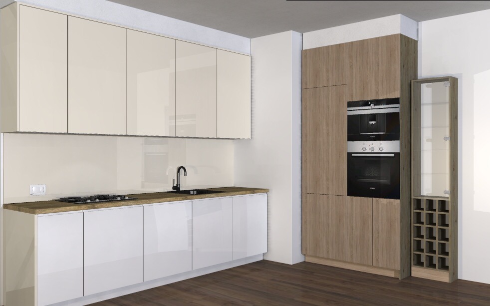 Nowoczesna kuchnia z białymi, lakierowanymi szafkami dolnymi, beżowymi szafkami górnymi, drewnianym blatem, zabudowaną piekarnikiem i ekspresem do kawy oraz otwartą witryną na wino z boku.