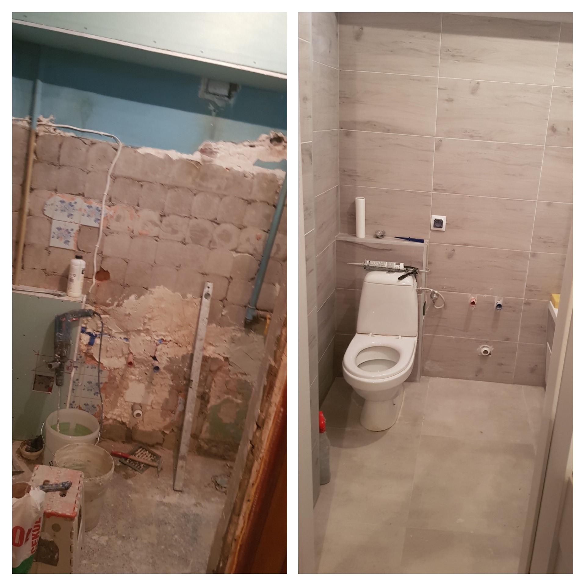Fotografia przedstawia porównanie stanu łazienki przed i po remoncie. Po lewej stronie ściany z resztkami płytek, odsłoniętą instalacją i narzędziami. Po prawej stronie wyremontowana łazienka...