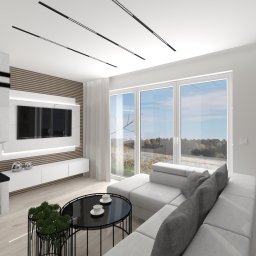 GTO GROUP Andrzej Liczbiński - Nowoczesny salon z kominkiem, telewizorem na ścianie z drewnianymi panelami i dużym oknem z widokiem na zewnątrz. Minimalistyczny design, jasne kolory i abstrakcyjny obraz.