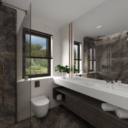 GTO GROUP Andrzej Liczbiński - Nowoczesna łazienka z kabiną prysznicową typu walk-in, umywalką nablatową i dużym lustrem. Ciemne płytki imitujące marmur kontrastują z bielą ceramiki i blatu.