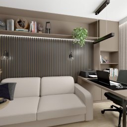 GTO GROUP Andrzej Liczbiński - Nowoczesny pokój biurowy z sofą, biurkiem i półkami w odcieniach beżu. Minimalistyczny design, roślina doniczkowa i lampa liniowa dodają charakteru.