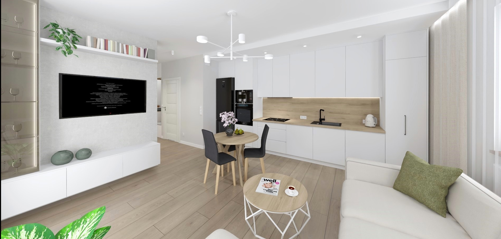 Wnętrze mieszkania z aneksem kuchennym w stylu skandynawskim. Jasne kolory, drewniane podłogi, minimalistyczne meble i oświetlenie. Widok na stół jadalny i salon.