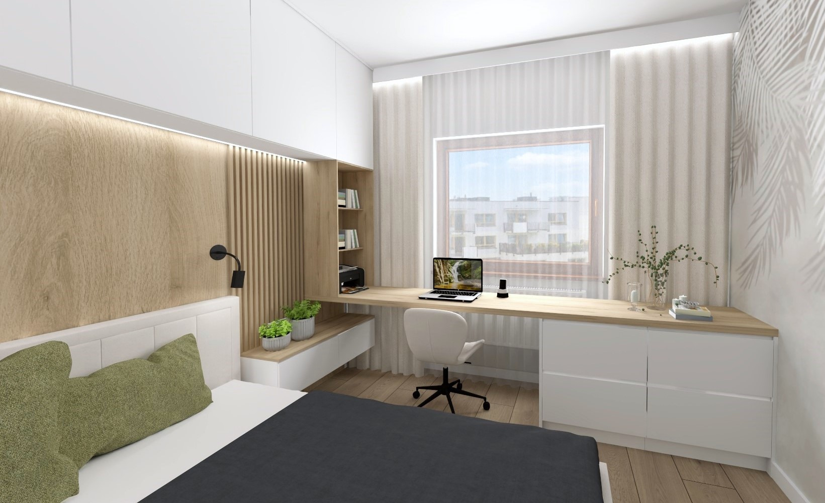 Nowoczesna sypialnia z biurkiem przy oknie, drewniane panele na ścianie, białe meble, laptop na biurku. Minimalistyczny design, naturalne światło, rośliny doniczkowe.