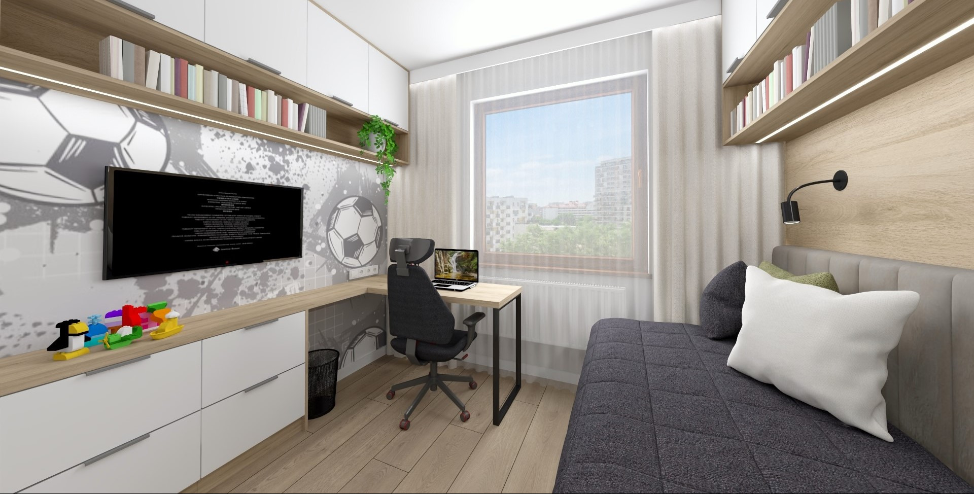 Pokój młodzieżowy z motywem piłki nożnej: biurko z laptopem, łóżko z poduszkami, półki z książkami, zabawki Lego, oświetlenie LED. Nowoczesne wykończenie wnętrz.