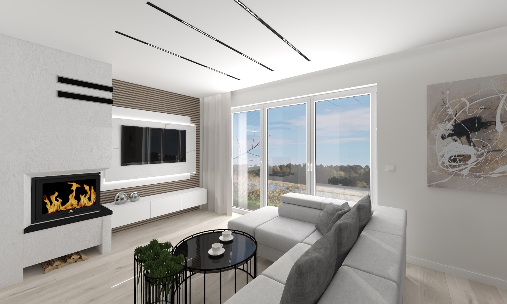 Nowoczesny salon z kominkiem, telewizorem na ścianie z drewnianymi panelami i dużym oknem z widokiem na zewnątrz. Minimalistyczny design, jasne kolory i abstrakcyjny obraz.