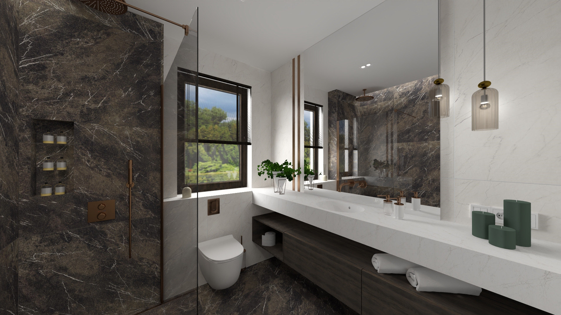 Nowoczesna łazienka z kabiną prysznicową typu walk-in, umywalką nablatową i dużym lustrem. Ciemne płytki imitujące marmur kontrastują z bielą ceramiki i blatu.