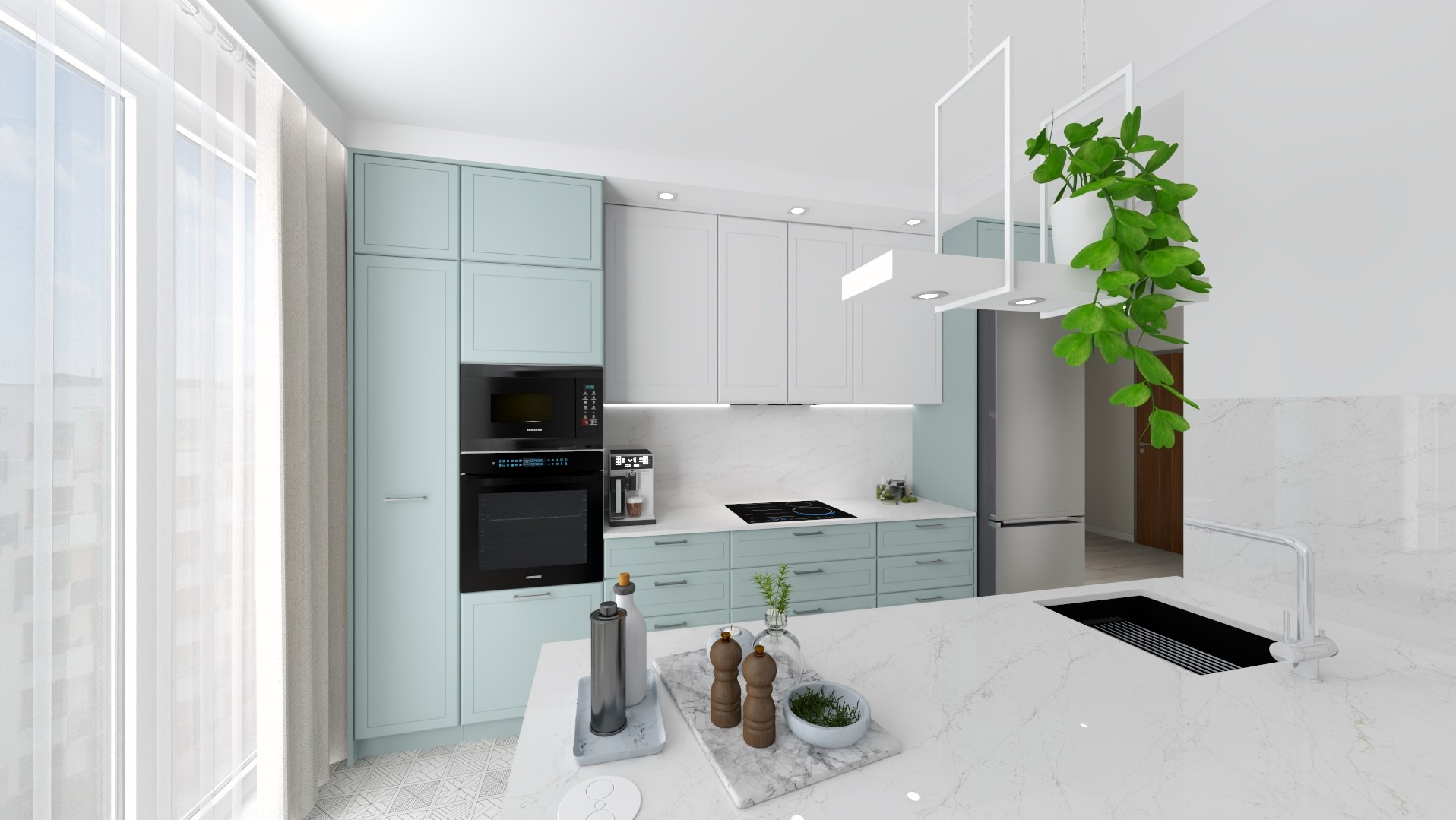 Nowoczesna kuchnia z akcentami pastelowej zieleni: zabudowa kuchenna, wyspa z marmurowym blatem i minimalistycznym oświetleniem. Jasne, przestronne wnętrze z roślinami.