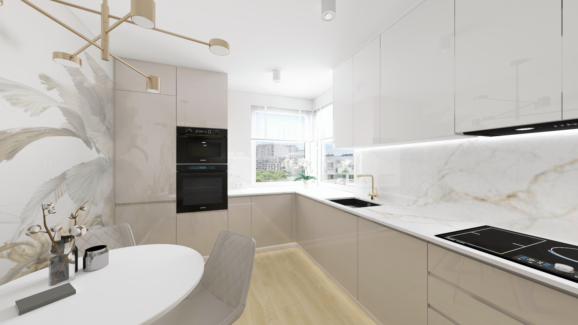 Beżowa kuchnia z białymi szafkami, marmurowym blatem i złotymi akcentami. W tle widoczne okno z widokiem na miasto. Na ścianie dekoracyjna tapeta.
