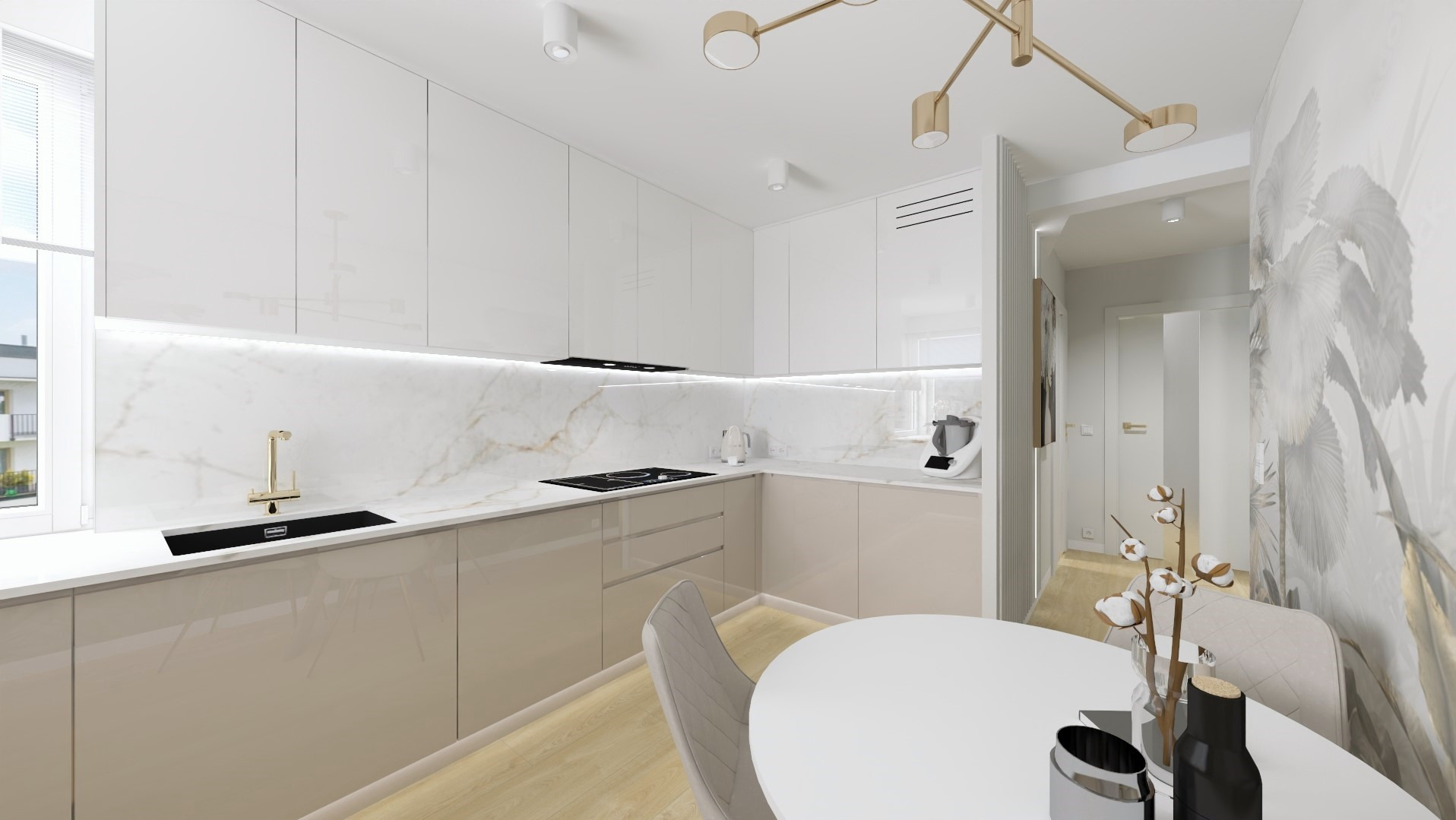 Elegancka kuchnia z białymi szafkami i marmurowym blatem, złota armatura. Okrągły stół z dekoracją kwiatową i krzesłami. Oświetlenie sufitowe punktowe i dekoracyjne.