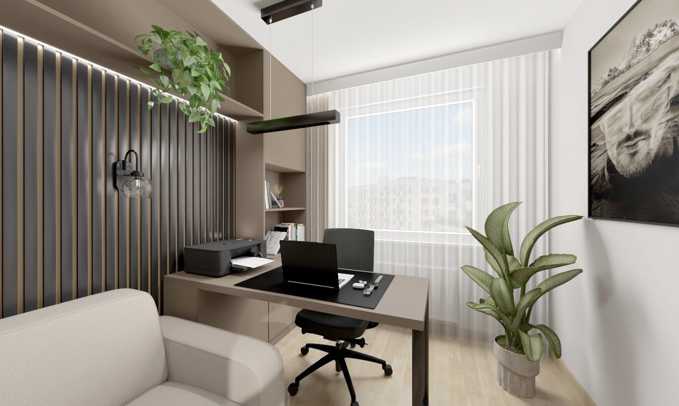 Nowoczesny gabinet z biurkiem, laptopem i roślinami. Ściana z lamelami i lampą. Stonowana kolorystyka, minimalistyczny design. Fotel biurowy i sofa w tle.