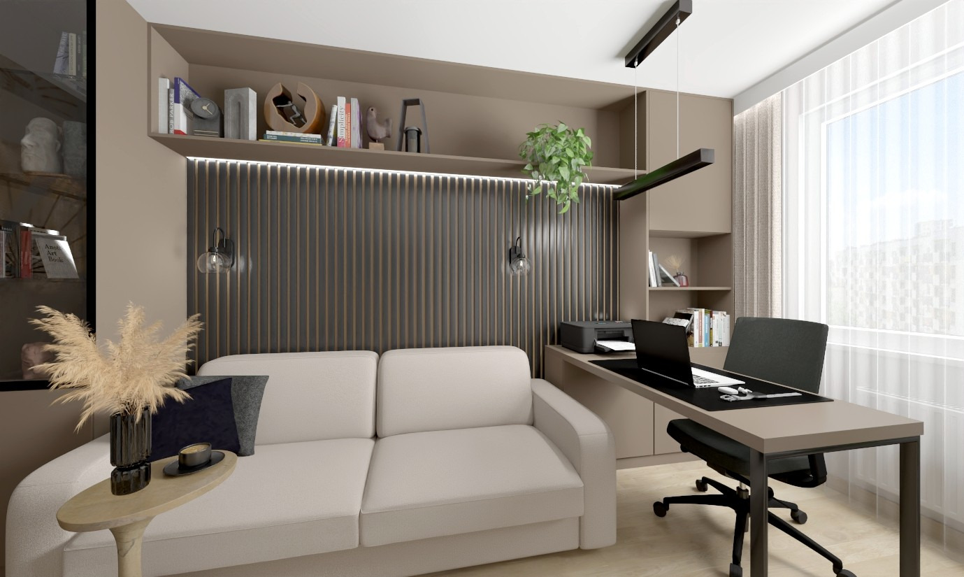 Nowoczesny pokój biurowy z sofą, biurkiem i półkami w odcieniach beżu. Minimalistyczny design, roślina doniczkowa i lampa liniowa dodają charakteru.