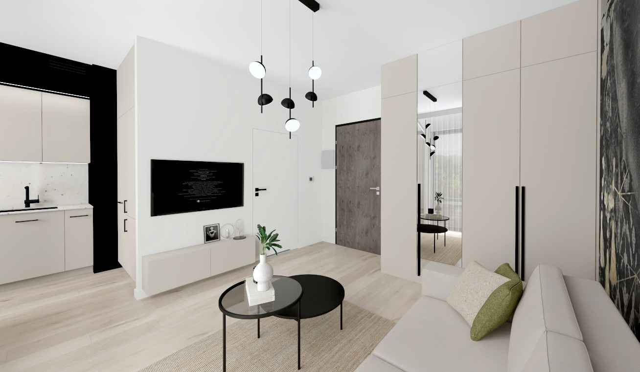 Nowoczesne wnętrze mieszkania z aneksem kuchennym, telewizorem i sofą. Minimalistyczny design z jasną kolorystyką i czarnymi akcentami. Widok na lustrzane odbicie.