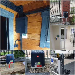 Kolaż zdjęć przedstawiający instalacje elektryczne w drewnianym budynku, automatykę bram z silnikami BFT na fundamencie, oraz system kontroli dostępu wewnątrz budynku z panelem kodowym.