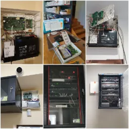 Kompozycja zdjęć przedstawiająca instalacje systemów zabezpieczeń i sieci: centrala alarmowa z akumulatorem, konfiguracja systemu na komputerze, szafa rack z urządzeniami sieciowymi, kamera...