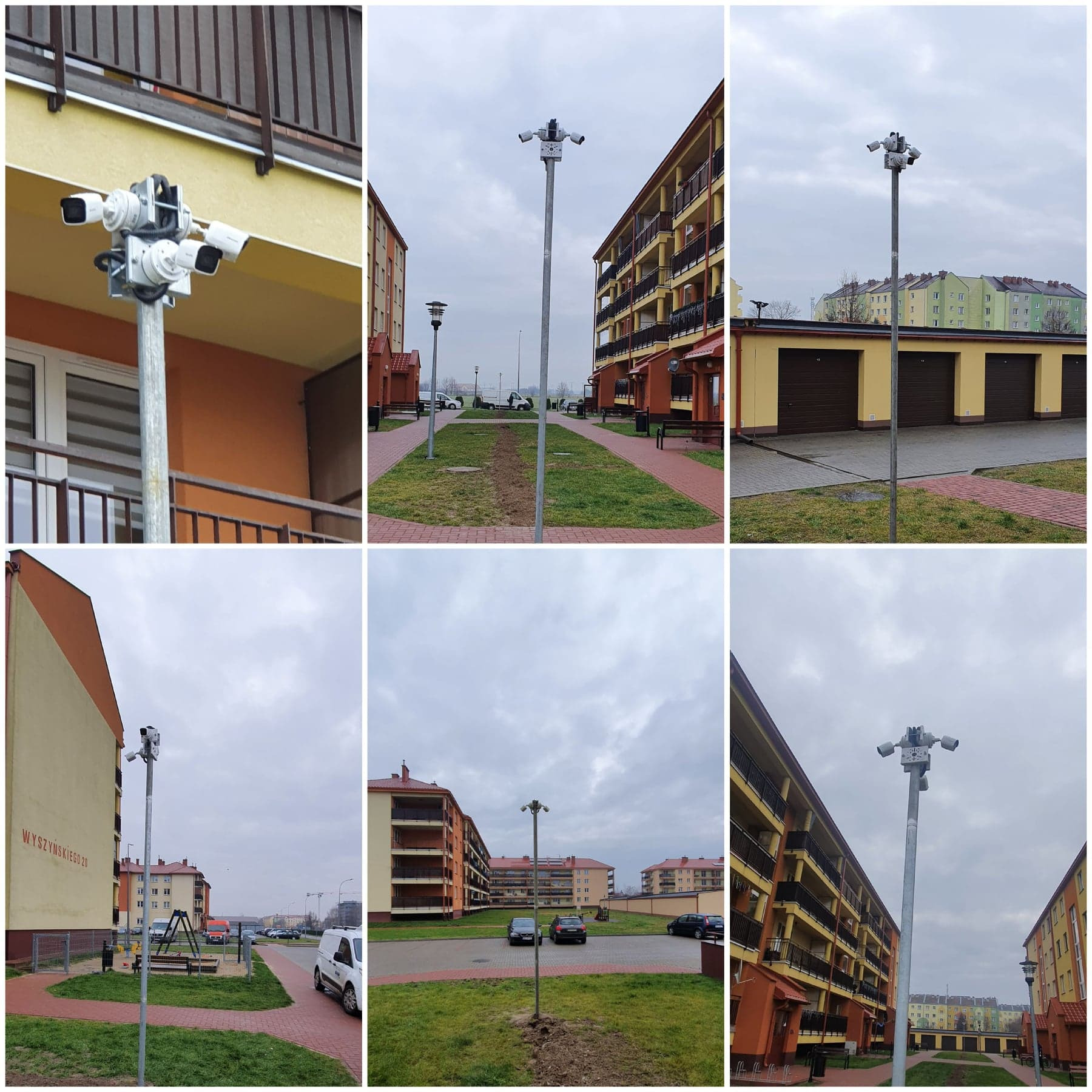 Zestaw czterech kamer przemysłowych zamontowanych na metalowym słupie na osiedlu mieszkaniowym, skierowanych w różne strony.