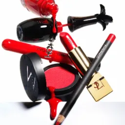 Kompozycja czerwonych kosmetyków: lakier do paznokci wylewający się na puder, szminka, błyszczyk i konturówka, na białym tle, wykonana w Zielonce.