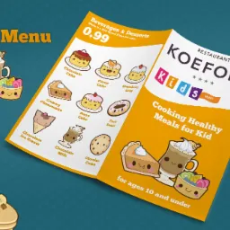 Ilustracja menu dla dzieci z rysunkami ciast, deserów i napojów w stylu kawaii, otwarte na dwóch stronach z nazwą restauracji KOEFOED Kids Menu.