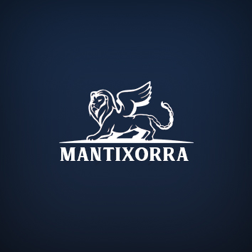 Białe logo firmy MANTIXORRA przedstawiające lwa ze skrzydłami na ciemnoniebieskim tle.