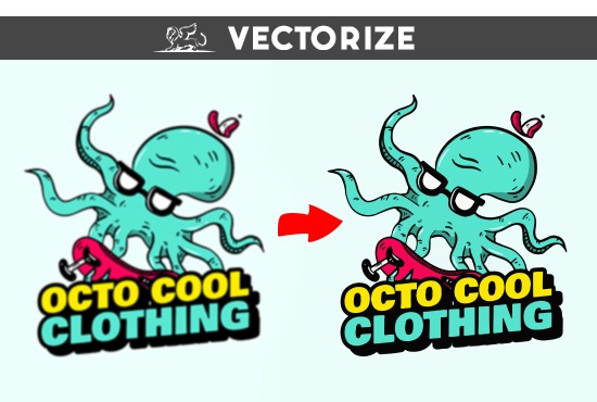 Porównanie grafiki wektorowej: rozmyty obrazek ośmiornicy w okularach na deskorolce przekształcony w ostry, wyraźny rysunek z napisem 'OCTO COOL CLOTHING'.