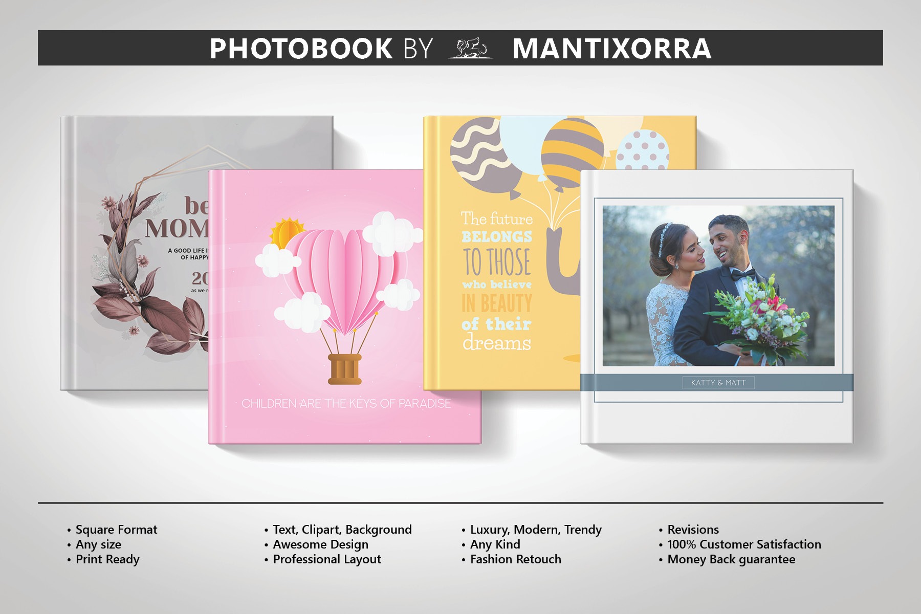 Cztery przykładowe projekty okładek fotoksiążek, z różnorodną tematyką: dedykacja dla mamy z motywem roślinnym, balon na ogrzane powietrze, balony i cytat, oraz zdjęcie ślubne pary, z tekstem...