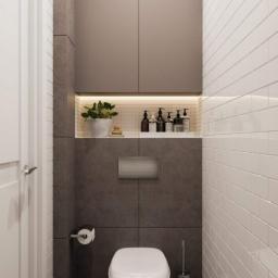 Vasyl - Nowoczesna łazienka z wiszącą toaletą, szarą okładziną ścienną, białymi, prostokątnymi płytkami na ścianie po prawej, szafką nad toaletą z podświetlaną półką, na której stoją rośliny i kosmetyki...