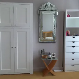 Biała szafa z nadstawką, lustro w ozdobnej ramie z kryształkami i biały regał z szufladami w pokoju o fioletowych ścianach.