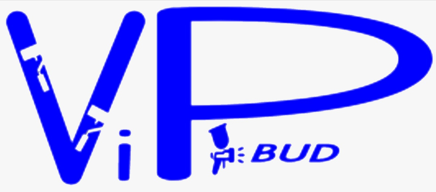 Niebieskie logo firmy VIP BUD z rozpylaczem farby wkomponowanym w literę 'i'.