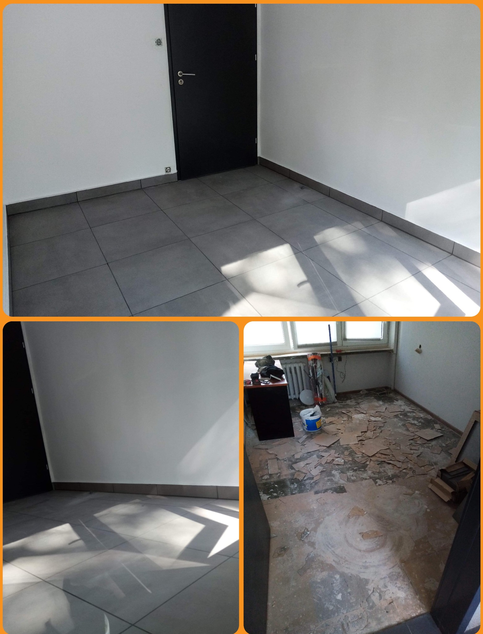 Etapy remontu biura: ułożone płytki podłogowe w jednej części pomieszczenia, a w drugiej części pomieszczenia usunięte stare gumoleum i przygotowanie do wylewki samopoziomującej.