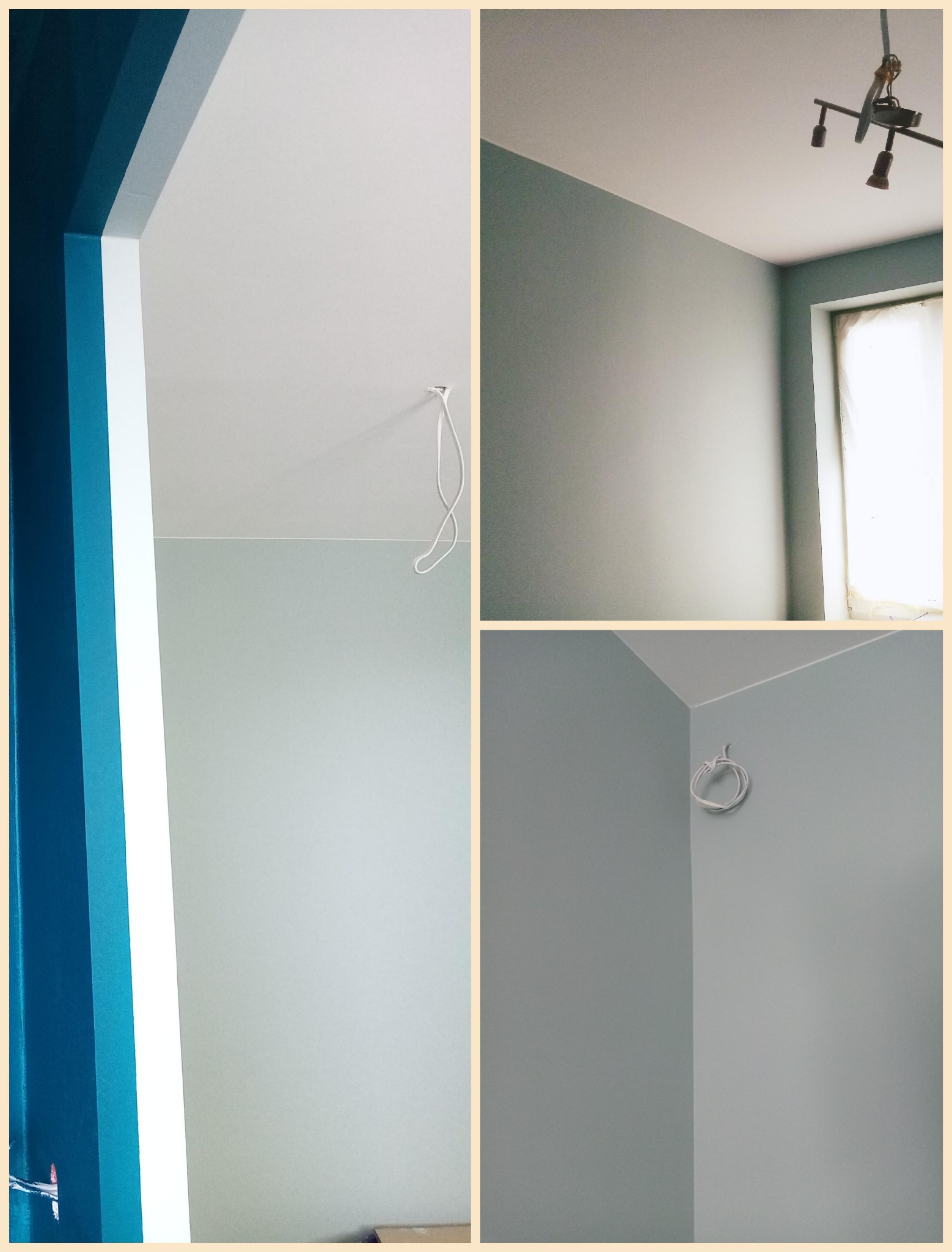 Kolaż przedstawiający fragmenty odnowionego wnętrza: pomalowane na szaro ściany z wystającym kablem elektrycznym, sufit z zamontowanym oświetleniem punktowym oraz fragment ściany pomalowanej na dwa...