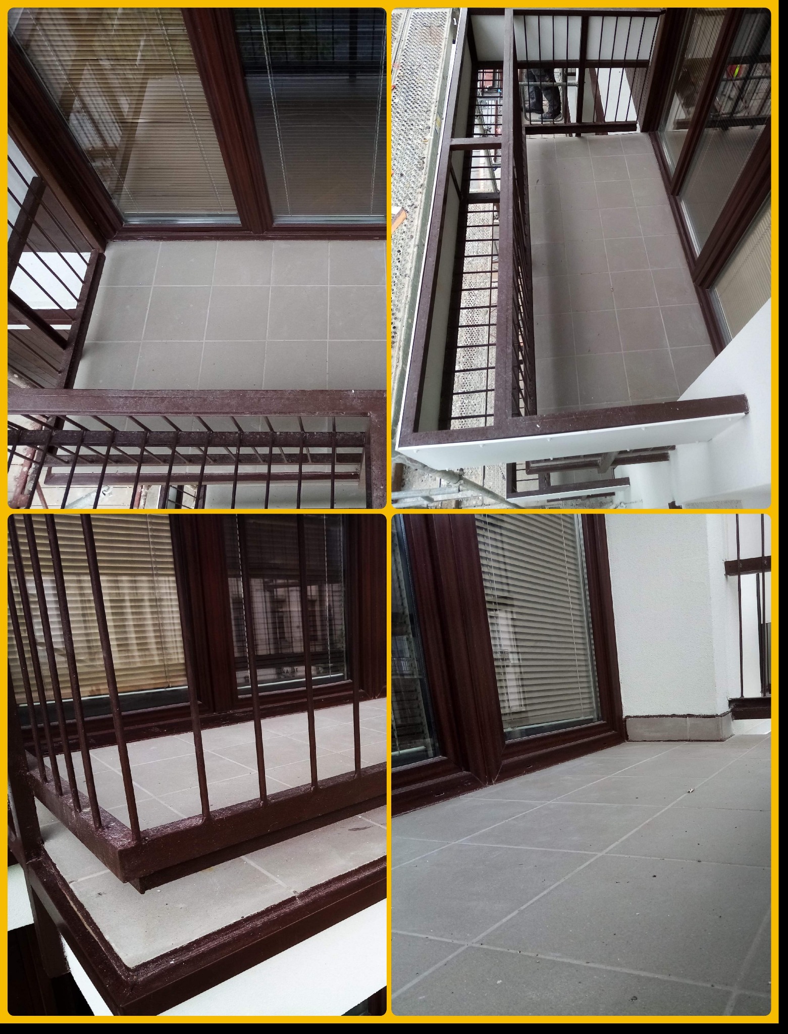 Cztery ujęcia wyremontowanego balkonu z szarą, kwadratową terakotą, brązowymi ramami okiennymi z żaluzjami i brązową barierką.