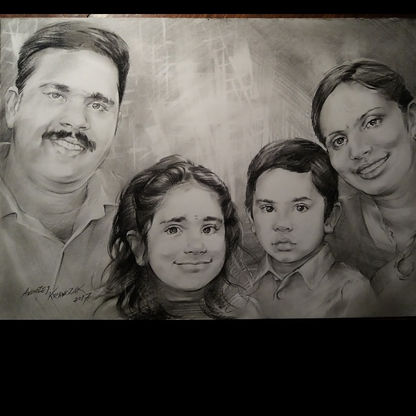 Portret grafitowy rodziny: ojciec z wąsami, matka i dwoje dzieci, podpisany przez Andrzeja Krawczaka, 2017.