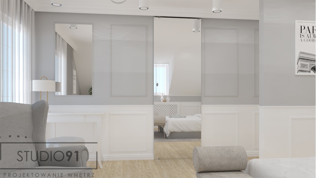 Wizualizacja pokoju dziennego z przeszkleniem na sypialnię, szara kolorystyka, sztukateria na ścianach, fotel klubowy w rogu, plakat z wieżą Eiffla.