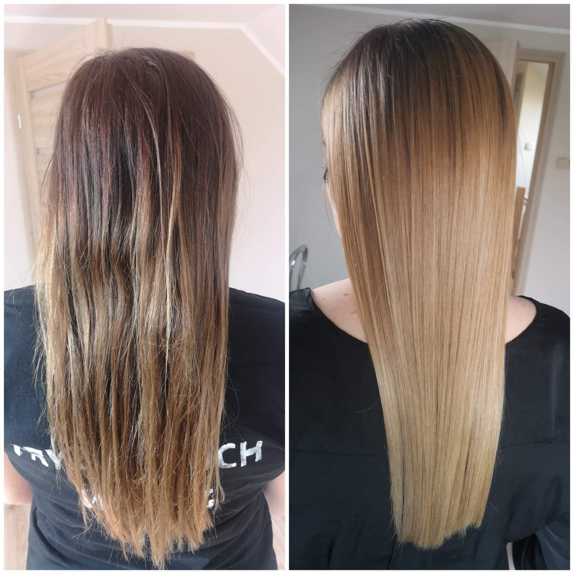 Porównanie włosów przed i po koloryzacji: od matowych, brązowo-blond po gładkie, jednolite, jasny blond z delikatnym ombre.