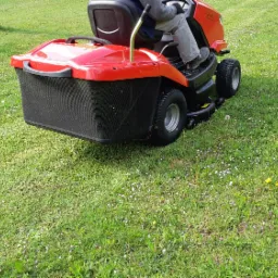 Czerwony traktorek do koszenia trawy z czarnym koszem, częściowo skoszony trawnik z widocznymi kwiatami i niedoskonałościami.