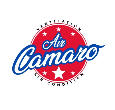 Logo firmy Air Camaro z napisem wentylacja i klimatyzacja w czerwono-biało-niebieskiej kolorystyce.