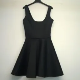 Czarna, rozkloszowana sukienka na wieszaku, z kwadratowym dekoltem, zawieszona na tle białej ściany.