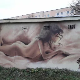 Graffiti przedstawiające nagą kobietę leżącą na boku, namalowane na betonowej ścianie z kratkami wentylacyjnymi, z podpisem artysty w prawym dolnym rogu.