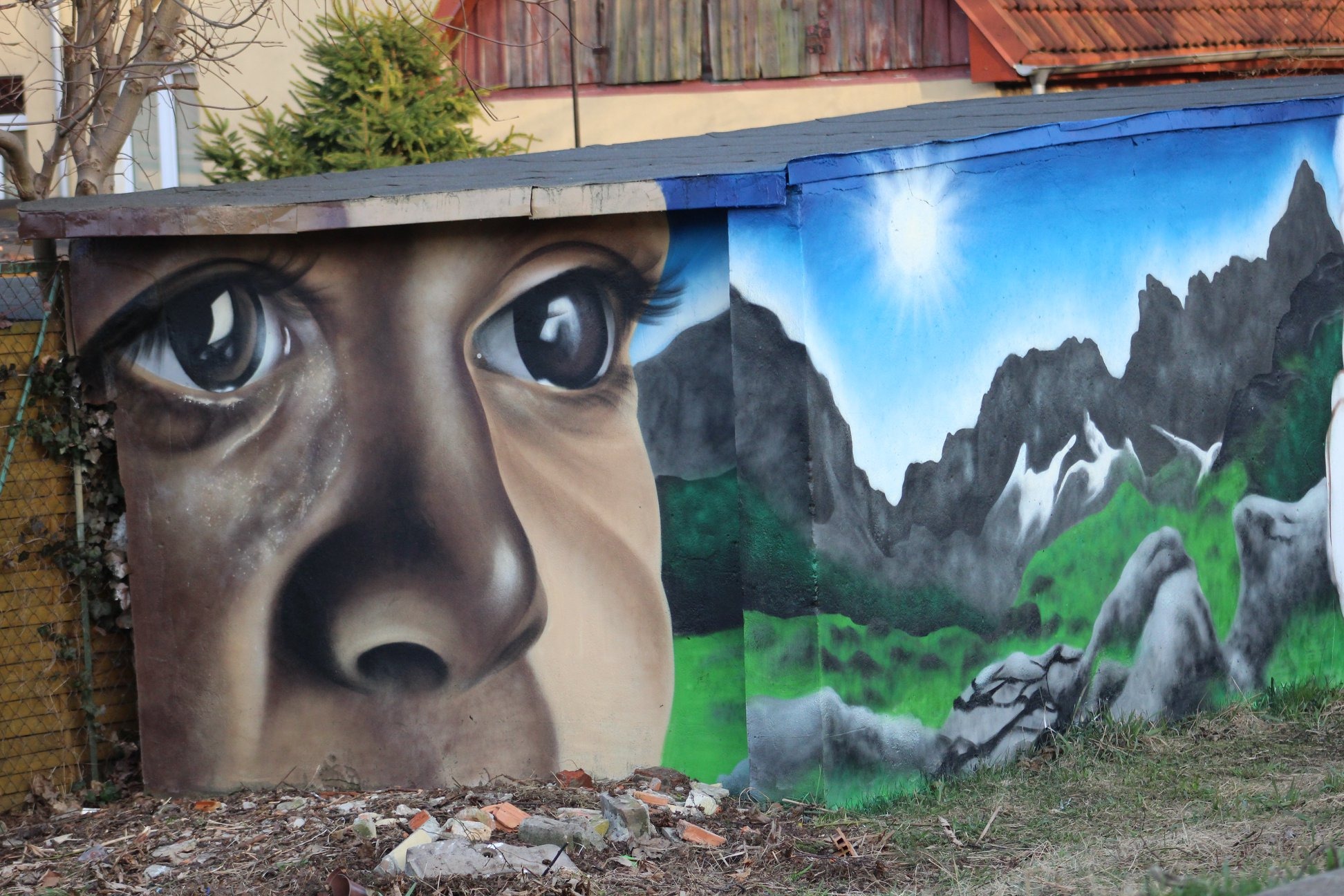 Mural na ścianie budynku: zbliżenie na ludzkie oczy i nos z jednej strony, górski krajobraz z białymi ptakami na tle błękitnego nieba z drugiej.