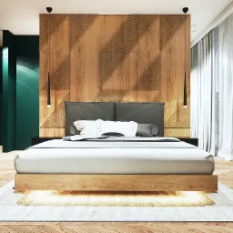 Nowoczesna sypialnia z drewnianą ścianą dekoracyjną i podświetlanym łóżkiem w Raba Wyżna. Minimalistyczne lampy wiszące i jasne zasłony dopełniają aranżacji.